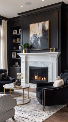 a living room filled with furniture and a fire place under a painting on the wall