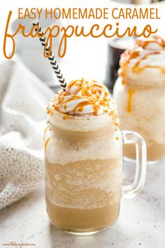 two mason jars filled with homemade caramel frappuccino