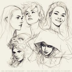 some sketches of women with different hair styles and facial expressions are shown in this image