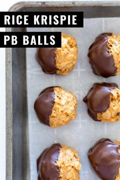 chocolate covered peanut butter balls in a baking pan with the words rice krispie pop balls