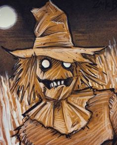 a drawing of a scarecrow wearing a hat and standing in the grass at night