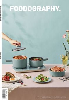 the cover of food photography magazine with various dishes and utensils on a table