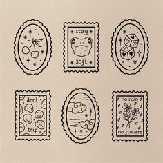 four stamps with different designs on them