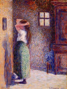 a painting of a woman standing in front of a door and looking out the window