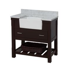 a white sink sitting next to a wooden stand with a basket on it's side