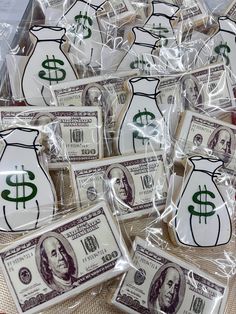 some money is wrapped in plastic and sitting on a table