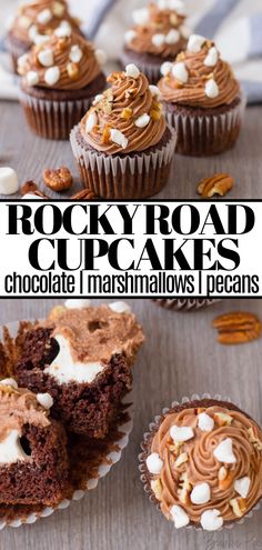 rocky road cupcakes with chocolate frosting and marshmallows on top