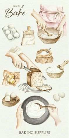 watercolor and ink illustration of baking supplies