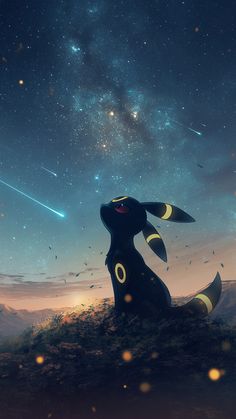 an animal sitting on top of a hill under a sky filled with stars