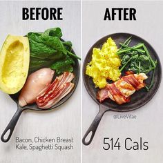 before and after pictures of bacon, chicken breast, kale spaghetti squash and eggs