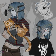 two people with blue hair and one has a cat on his shoulder while the other is holding an orange cat