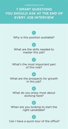 an info sheet with the text, 7 smart questions you should ask at the end of every job interview