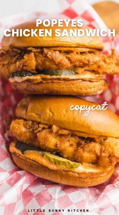 two chicken sandwiches stacked on top of each other with the words popes chicken sandwich copycat