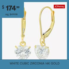 Earring Back: Lever BackShape: HeartStone Cut: HeartStone Millimeter Measurement: 7 Mm Length, 7 Mm WidthMetal Color: YellowEarring Length: 23mmEarring Width: 6.9mmCare: Wipe CleanStone Type: 2 Cubic ZirconiaEarrings Type: Wire EarringsEarrings Style: Drop EarringsMetal: 14k GoldAssembled in the US from Imported Materials Heart Drop Earrings, Earrings Drop, Gold Heart, Earring Backs, Heart Of Gold, Cubic Zirconia, Drop Earrings, Gold, White