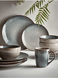 a table topped with plates and cups next to a plant