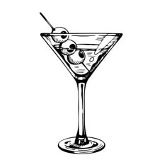 a drawing of a martini glass with an olive garnish