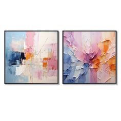 two paintings with different colors and shapes on the same wall, one is blue and pink