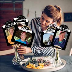 a woman sitting at a table with flowers in front of her and three pictures on the plate