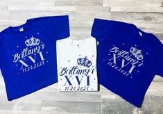 Beautiful "My Sweet 16" custom shirts! Price is per shirt.  *Shirt is a unisex fit for both women and man.  In the PERSONALIZATION section please include:  1. COLOR you want the vinyl to be.  2. Solid color vinyl or glitter vinyl. 3. NAME that will be displayed on the shirts.  4. Date of the Sweet 16 to be added on shirt.  If you would like to add an additional name/letter/image on the BACK of the shirt- that will be considered an "extra item" and will be charged seperatly via Venmo or Zelle. Pr Sweet 16 Cinderella Theme, Quince Shirts, Sweet 16 Shirts, Cinderella Sweet 16, Cinderella Quinceanera, Sweet Sixteen Dresses, Starry Night Wedding, Quinceanera Dresses Blue, Custom Birthday Shirts