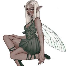 a drawing of a fairy sitting on the ground with her legs crossed and wings spread