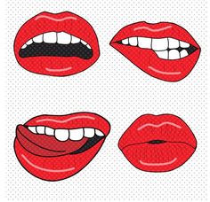 four red lips with different shapes and sizes, all showing the same amount of teeth