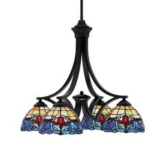 three light chandelier with stained glass shades