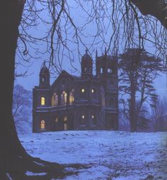 an old abandoned house in the middle of winter with snow on the ground and bare trees