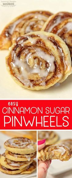 cinnamon sugar pinwheels on a plate with the title in red and white above them