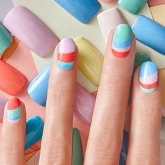 Join our pastel party for the spring! thezoereport.com/ Stripes Nails, Bright Nail Art, Spring Nail Polish, Easter Nail Art, Spring Nail Colors, Striped Nails, Simple Nail Art Designs, Bright Stripes