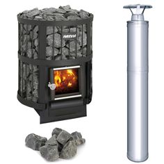 a stove that is next to rocks and a metal pole with a flame in it