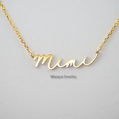 "The dainty Mimi Script Necklace features the word \"Mimi\" in custom script font.  It sits beautifully on the neckline and looks stunning, alone or layered. It is the perfect gift for a Mimi for Mother's Day or Birthday.  Dainty Mimi Charm in Minimalist Script Font has an inch extension length of 16 to 18 inches. Features 5 to 5.5 mm lowercase letters." Mimi Necklace, Gifts For Mimi, Mimi Quotes, Mimi Gifts, Mimi Life, Minimalist Mama, Mimi Love, Script Necklace, Mimi Gift