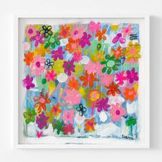 an abstract painting with colorful flowers on it