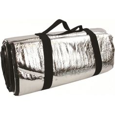 a shiny silver bag with black straps