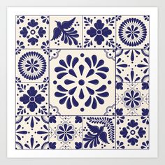 a blue and white tile design art print