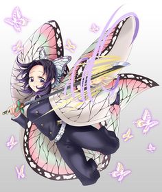 a fairy with wings flying through the air and holding a wand in her hand, surrounded by butterflies