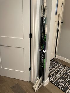 there are many skis and poles in the closet next to the door that is open