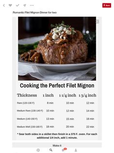 the recipe for cooking the perfect filet minon is displayed on an instagram page