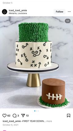 two cakes decorated with green and brown icing on top of a cake platter