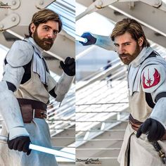 two pictures of a man dressed in star wars attire