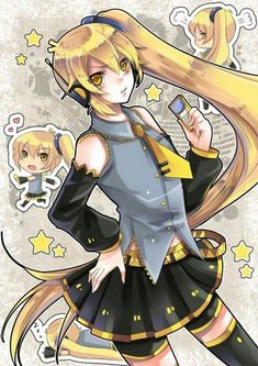 an anime character with long blonde hair wearing a dress and holding a cell phone in her hand