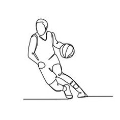 a continuous line drawing of a basketball player dribbling the ball with his foot