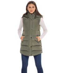 This S.E.B. by SEBBY outerwear vest for women offers a feminine and flattering fit at a great price point. Bringing designer details and all-around comfort, this women's puffer jacket vest will not disappoint. It features a detachable hood for added warmth and protection from light showers. The snaps and zipper are a stunning gunmetal finish for a very refined look. This vest can be worn as a fall coat and right into the winter as true outerwear. The loose quilted faux down insulation imparts a Versatile Sleeveless Vest For Winter, Sleeveless Fall Outerwear, Casual Fitted Winter Vest, Fitted Winter Vest For Outdoor, Versatile Fitted Winter Vest, Fitted Solid Vest For Winter, Versatile Fitted Vest For Winter, Casual Fitted Sleeveless Outerwear, Fitted Sleeveless Casual Outerwear