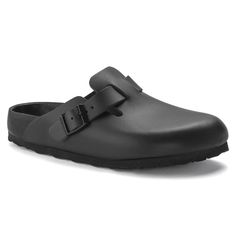 Boston Exquisite Natural Leather Classic Slip-on Clogs With Rubber Sole, Classic Clogs With Leather Sole For Work, Classic Black Business Clogs, Classic Black Clogs For Business, Classic Clogs With Removable Insole, Black Leather Sole Clogs For Business, Black Clogs With Leather Sole For Business, Classic Leather Footbed Clogs For Work, Classic Closed Toe Mules With Cushioned Footbed