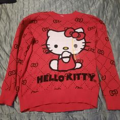 New - Hello Kitty Red Sweater Size Small Irish Style, Nordic Print, Black Cardigan Sweater, Cute Cardigans, Boutique Sweater, Black Halloween, Red Sweater, Short Sleeve Cardigan, Workout Hoodie