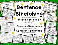 sentence stretching poster with multiple sentences in green and yellow colors on the bottom corner