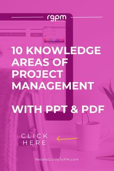 a desktop computer sitting on top of a desk with the words 10 knowledge areas of project management