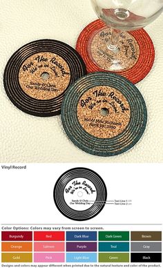 three cork coasters with wine glass on top and various color samples in the bottom