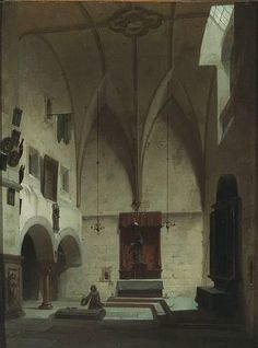 a painting of a church with an alter