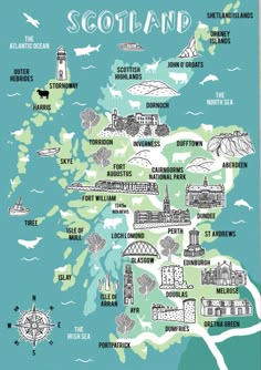 an illustrated map of scotland with all the towns and places to see in english or spanish