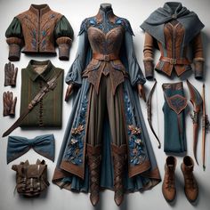 🤍 Fantasy style flat lay, elven huntress attire. #Linen #ElvenElegance #ForestGuardianFashion #MedievalChic #FantasyWardrobe #AdventureAwaits #MysticHuntress #EpicQuestClothing #RangerReady #LARPStyle #MythicalAttire #CraftedFantasy #LegendsInLeather Unique Clothing Ideas, Winter Cosplay Ideas, Elven Huntress, Elven Clothes, Elven Outfit, Medieval Outfits